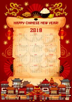 Chinese New Year 2018 calendar design template on paper scroll. Vector lunar holiday traditional symbols of golden dragons Chinese red lantern with hieroglyphs and fireworks on China New Year houses
