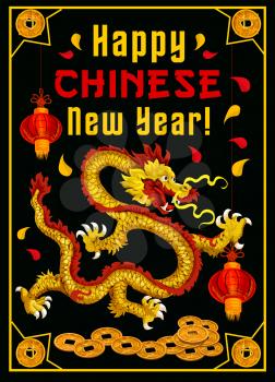 Happy Chinese New Year greeting card of Chinese dragon with paper lanterns and gold coins decorations and ornaments. Vector traditional China lunar year holiday celebration symbols on black background