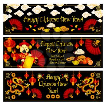 Happy Chinese New Year greeting banners for traditional lunar holiday celebration. Vector Chinese symbols and decorations of golden coins, dragons and hieroglyph, red paper lantern or fan for China New Year