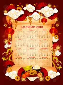 Chinese New Year calendar with Lunar holiday oriental symbols. Year calendar template on parchment scroll with frame of red lantern, dragon, fortune coin and firework, gold ingot, fan and oranges