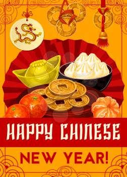 Happy Chinese New Year greeting card of traditional Chinese fortune symbols and decorations. Vector gold coins and ingot, dumplings and tangerine on fan and lucky knot ornament on yellow background