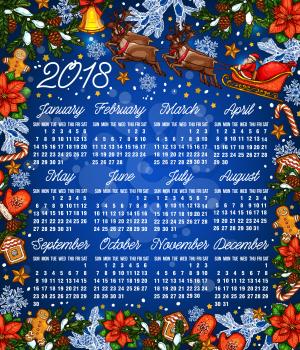 Christmas holiday calendar template. 2018 year calendar with frame of Xmas tree, gold bell, star, candy and gingerbread cookie, snowflake, Santa Claus in sleigh with reindeer, poinsettia and pinecone