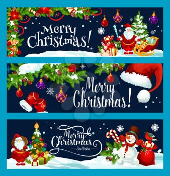 Merry Christmas greeting banner of snow on fir tree, Santa gift bag and snowman for winter holiday design template. Vector New Year or Christmas decoration and candy in ribbon for seasonal wish
