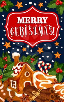 Merry Christmas greeting card of gingerbread cookie house and winter cinnamon. Vector golden and holly wreath decoration on Christmas tree and candy snowflakes background for seasonal holiday