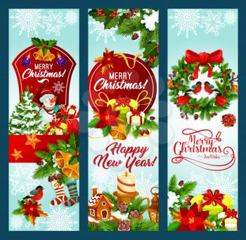 Christmas and New Year holidays banner. Xmas tree and holly berry wreath with snowflake, gift box, bell and ball, snowman, sock and ribbon bow, candle, cookie and poinsettia for greeting card design