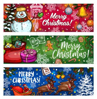 Christmas sketch banner for winter holiday. Xmas tree, snowman and gift bag, Santa sleigh with reindeer card design, adorned with bell, candy and snowflake, ball, gingerbread cookie and calendar