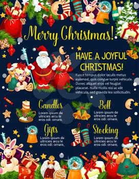 Merry Christmas winter holidays wishes on greeting card design template. Vector Santa gifts in Christmas stockings , New Year candle in garland decoration or holly wreath, snowman and golden bells