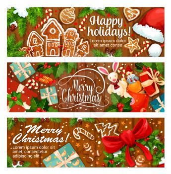 Merry Christmas and Happy Holidays wish greeting banners. Vector design of gingerbread cookie, Christmas tree or Santa gift and hat, golden bell and holly wreath decoration for New Year winter season