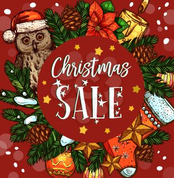 Christmas holiday sale banner with Xmas wreath. Pine and fir branch, ball and star, candle, snowflake, owl with Santa hat and sock, poinsettia flower and pinecone for discount offer promotion design