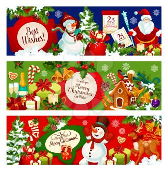 Christmas holiday greeting banner. Santa gift bag with presents, Christmas tree and holly berry with bell, ball and snowflake, Santa Claus and snowman, candy, candle and red sock, cookie and reindeer
