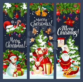 Merry Christmas greeting banners of Santa gift bag at Christmas tree and snowman on sleigh. Vector Xmas bell on wreath decoration for New Year party winter holiday seasonal wish design template