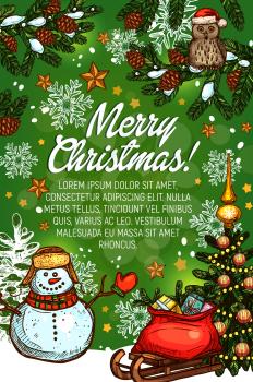Christmas winter holidays sketch poster for greeting card template. Christmas tree, snowman, Santa gift bag in sleigh banner design with gold star, snowflake, ball, owl in red hat and lights
