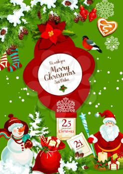 Santa Claus and snowman with gift bag for Christmas greeting banner. Xmas tree and holly berry with present, candy cane and snowflake, ball, candle and red sock, gingerbread, calendar and poinsettia