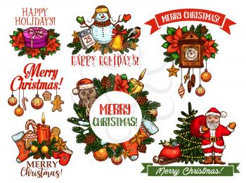 Christmas holidays sketch set for greeting card design. Santa Claus with Xmas tree and gift box, star, ball and candle, snowman, candy cane and gingerbread cookie, sock, calendar and poinsettia flower