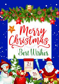 Christmas holiday greeting poster. Santa Claus and snowman with gift and present box, candle and calendar, Christmas tree garland with star, ball and snowflake for winter holiday festive banner design
