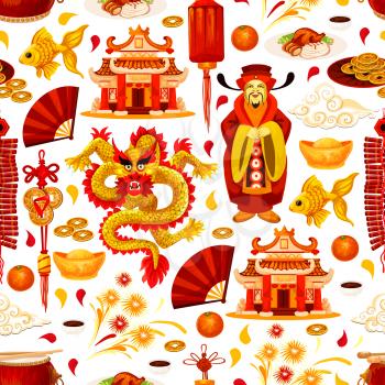 Chinese lunar New Year holiday traditional symbols seamless pattern. Vector background of golden China decorations and ornaments of dragon, fish or coins, temple arch or Chinese emperor with fireworks
