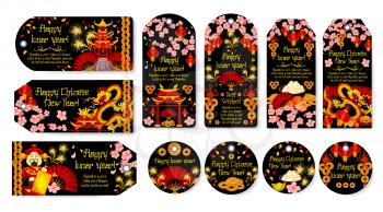 Happy Chinese lunar New Year greeting banners or wish tags of traditional Chinese dragons in cherry blossom flowers and gold sycee. Vector China holiday coin ornaments and paper lanterns in fireworks