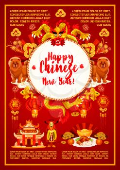 Happy Chinese New Year red greeting card of golden traditional lunar holiday decorations. Vector Chinese dragon in fireworks, China emperor with hieroglyph wishes scroll and Peking duck dish