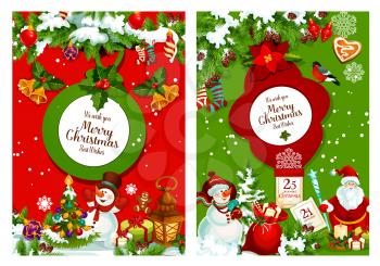 Christmas holiday festive poster. Xmas tree with lights and ball, Santa Claus and snowman with gift bag, holly berry with bell, candy and snowflake, red sock, candle, gingerbread cookie and calendar