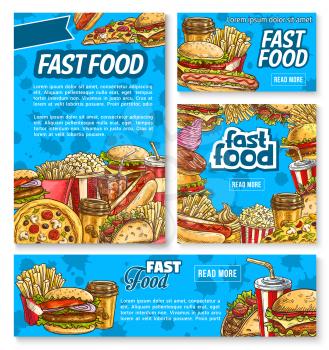 Fast food restaurant poster template set with fastfood lunch. Web banner with vector hamburger, french fries, hot dog, soda, pizza, coffee, ice cream, chicken taco, cheeseburger, popcorn sketch