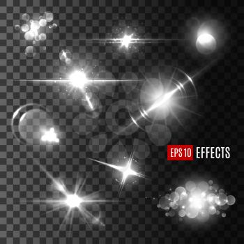 Silver shine of sparkles and bokeh lights, glow of sun with bright rays and glittering star with lens flare. Transparent light effect set for festive decoration design