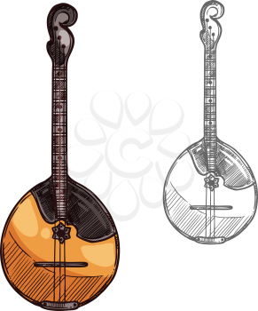 Domra isolated sketch of russian stringed music instrument. Domra, lute or mandolin folk musical instrument with wooden body and three string for ethnic music concert and orchestra equipment design