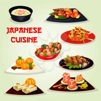 Japanese cuisine dishes for lunch menu icon. Shrimp seafood soup, meat rice, chicken with mushroom, prawn in chilli sauce, marinated ginger, teriyaki chicken, orange fruit cake. Asian food design