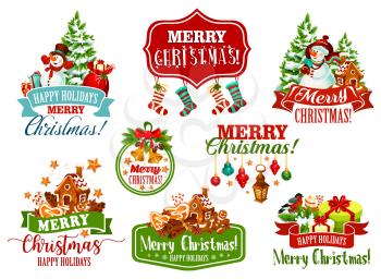 Merry Christmas wishes icons of Santa presents gifts, Christmas tree stockings and snowman for greeting card design. Vector New Year gingerbread cookie and mulled wine, snowflakes and ribbon wreath