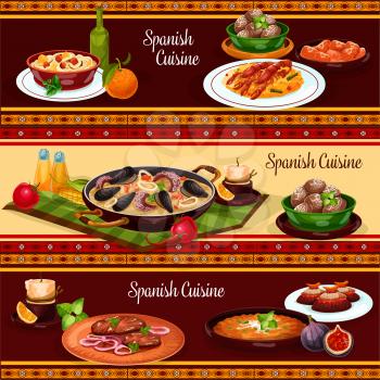 Spanish food dinner, mediterranean cuisine restaurant menu banner set. Seafood paella, mussel, shrimp rice, vegetable tortilla, beef steak, chicken stew with chilli sauce, baked potato, pork bean stew
