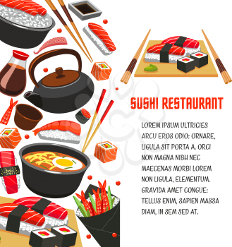 Sushi restaurant poster of japanese food. Seafood roll sushi and salmon fish rice with chopsticks, udon noodle soup with egg, nigiri and temaki sushi with tuna, seaweed, shrimp for asian menu design