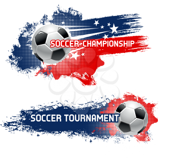 Soccer ball, football tournament banner set. Football or soccer ball flying with motion trails of star and grunge brush stroke vector poster for sport game championship and competition design