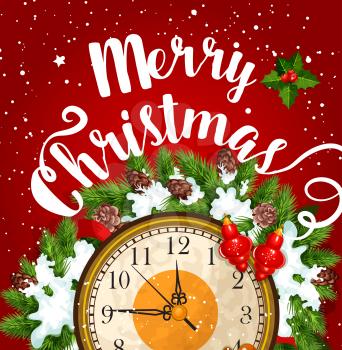 Christmas midnight clock greeting card of New Year holidays celebration. Xmas tree wreath with clock in center, decorated by ribbon, holly berry, snowflake and ball for Christmas festive poster design