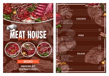 Barbecue meat menu card for restaurant brochure template. Grill beef and pork steak, bbq sausage, lamb chop, bacon, chicken, veal sirloin and ribs sketch poster set for steak house or grill bar design