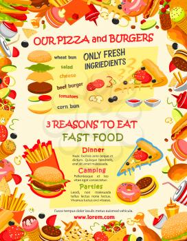 Fast food burger and pizza menu for fastfood restaurant template. Hamburger and hot dog sandwich, pizza, chicken, fries, donut, soda, cheeseburger, ice cream, popcorn and taco vector banner design