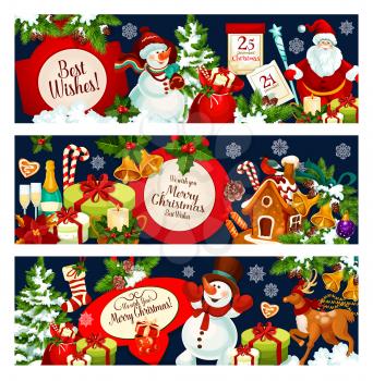Merry Christmas greetings and best wishes banners for winter holiday design. Vector Santa and snowman with gifts bag, New Year calendar and Christmas tree lights decoration, champagne and cookie