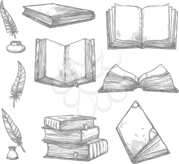Old books and ancient manuscripts and ink quill or feather pen sketch icons. Obsolete vintage book, antique paper rolls and inkwell for bookshop writing stationery or literature design. Vector set
