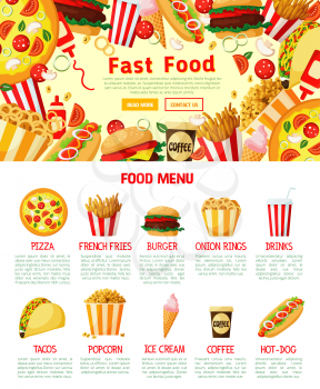 Fast food menu poster or landing web page template of cheeseburger burger, hot dog sandwich or hamburger for fastfood restaurant menu. Vector combo of tacos, pizza or burrito and fries