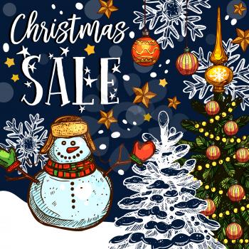 Christmas holidays sale promo poster sketch poster design for winter seasonal discount shop. Vector snowman at New Year Christmas tree in snowflakes and garland lights decorations for gift sale