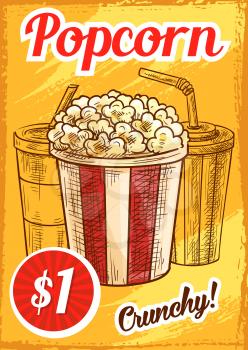 Popcorn price menu sketch poster for cinema bar or bistro. Vector design of crunchy caramel popcorn basket with coffee or fresh soda drink cup and drinking straw for movie bar dessert