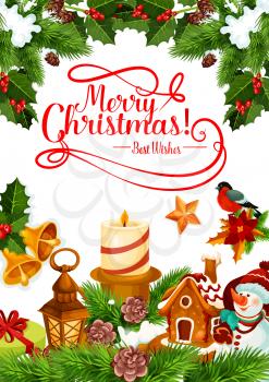 Merry Christmas greeting card for winter Xmas holiday. Vector New Year candle lights and Chritmas tree wreath garland with snowflakes and gingerbread cookie and golden Santa bells decoration