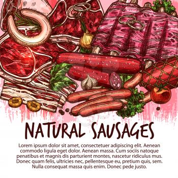 Meat delicatessen, sausages and fresh meaty product poster. Vector sketch cervelat, pepperoni or liver sausage, farm pork filet or beef steak and butchery brisket, ham bacon and mutton rib tenderloin