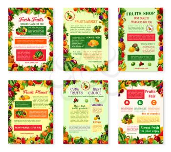 Fruits posters set for farm fruit shop or farmer market . Vector garden apple, peach or pear and apricot, organic grape or kiwi and garnet, fresh tropical exotic pineapple and watermelon harvest