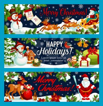 Merry Christmas and Happy Holidays greeting banners for New Year winter holiday wish. Vector Santa gift bag and snowman or reindeer at Christmas tree, Xmas holly wreath decoration and snowflakes
