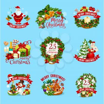 Christmas holiday icon set. Christmas tree and holly wreath, gift box, Santa Claus, snowman and candy, pine branch with snowflake, ball and bell, candle, red sock and ribbon banner for emblem design