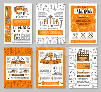 Home repair posters template of handyman work tools for house finishing and painting service. Vector sketch carpentry hammer, drill and screwdriver, paint brush and mallet, plastering trowel and ruler