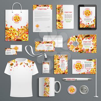 Corporate identity templates of supplies for branding of fast food restaurant or company. Vector isolated set of t-shirt apparel, business card, stationery and promo flag, mug and blank or paper bag