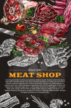 Meat shop delicatessen poster of butchery store. Vector sketch design of farm butcher meat and sausage, ham or bacon and barbecue steak brisket, sirloin or tenderloin, salami and pepperoni or cervelat