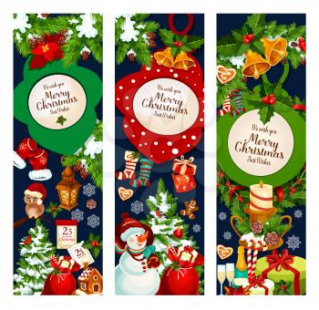 Merry Christmas holidays greeting banners or wish cards design. Vector Christmas tree garland decorations, New Year Santa gifts and stockings, 25 December calendar and cookies in winter snowflakes