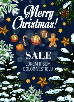 Christmas sale poster for winter holidays shop promo offer and seasonal New Year gift discount. Vector Christmas tree decorations garland of golden star and bell, gingerbread cookie and cones in snow