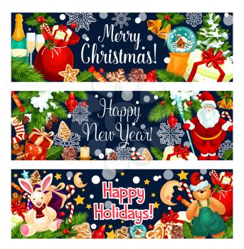 Merry Christmas, Happy New year wish for winter holiday greeting banners Vector Santa in sleigh with gift bag at Christmas tree, Xmas wreath decoration garland of golden bell and holly wreath